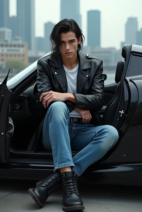  The best quality:1.3,  High resolution, realism,  masterpiece ,  Ultra high definition , 8K,  PALE WHITE PORCELAIN LEATHER ,  European traits, Dutch , young man, 18 years old,  black hair , limp,  long to the ears , high, delgado,  black leather jacket , ...