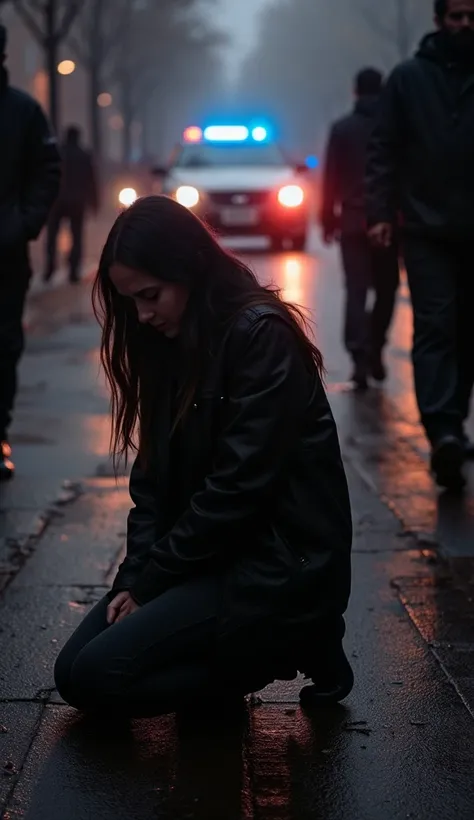 The woman kneels on the wet ground, overwhelmed with emotion. Behind her, the dark silhouettes of the men disappear into the shadows, while the police car’s lights create an intense contrast in the scene.