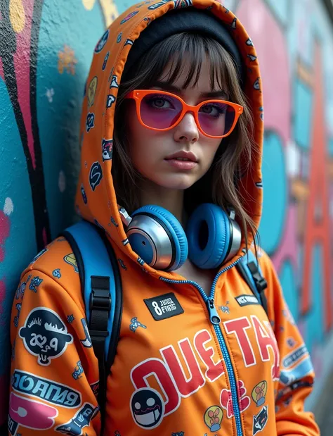 "A captivating and ultra-realistic-style portrait of a trendy Russian women. She stands confidently against a graffiti-covered wall, wearing a vibrant, eye-catching hoodie adorned with cartoon-themed designs and the bold text Digital Art. Her stylish eyegl...