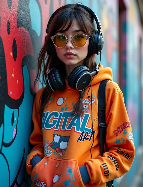 "A captivating and ultra-realistic-style portrait of a trendy Russian women. She stands confidently against a graffiti-covered wall, wearing a vibrant, eye-catching hoodie adorned with cartoon-themed designs and the bold text Digital Art. Her stylish eyegl...