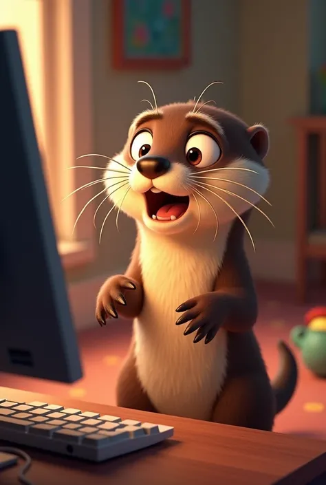 (best quality,4k,8k,highres,masterpiece:1.2),ultra-detailed,(realistic,photorealistic,photo-realistic:1.37),1 cute cartoon otter,watching adult content on a computer screen, Screen ist visable,Fapping, shocked expression,large eyes,detailed fur texture,whi...