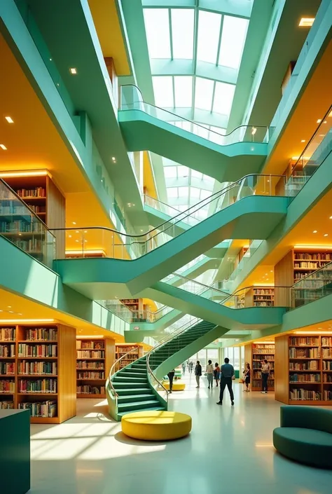  library photo that is its infrastructure contains the following colors green , yellow and blue that is modern 