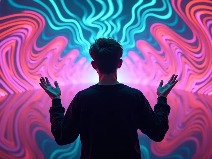 young man in a black sweatshirt with his hands up watching a landscape psychedelic sound waves with neon lights