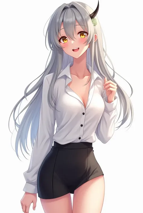  swimsuit。((masterpiece,  best quality)), ( 1 girl), (Alone), ( for women), (Ahoge, Gray Hair,  very long hair),  golden eyes, Clear Smile】,  open your mouth, (( white shirt), ( buttoned shirt), (Gap Button)), ((  black skirt  ), ( short skirt)),  standing...