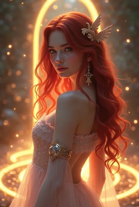  A pretty red-haired archer girl transforms into a human with long hair.,  black hair, chest, chest perfect, Love, Loveผม,  There is a bracelet shaped like a magic arc ,  that is realistic and realistic .  The hair clip is shaped like a magic arc ,  with a...