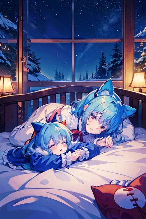 cirno's group (touhou) on a cold, snowy winter night, cirno and her fellow characters (touhou) from the touhou project are sleep...