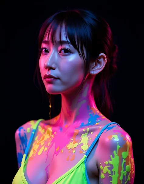 A highly detailed full-body portrait of an Asian woman. The neon fluorescent paint is uncured and fluid, flowing with gravity on the womans skin. The hair, face and upper body are covered in splashes of neon fluorescent paint, which glow vividly under a po...