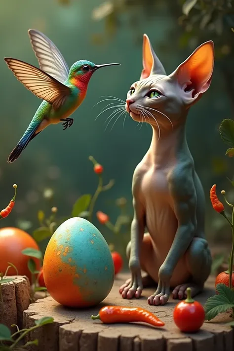 A butterfly and a hummingbird with a hairless cat, criollo eggs and chiles