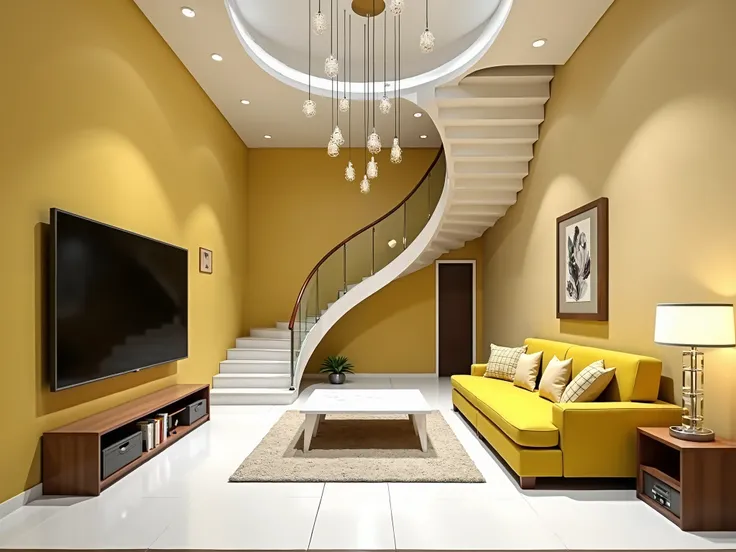 The image shows a modern and luxurious living room with a high ceiling and a spiral staircase. The staircase has a glass railing and leads to the second floor. The walls are painted in a warm yellow color, and the floor is made of white tiles. On the left ...