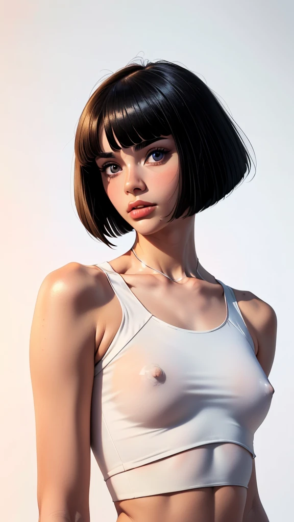 one girl, solo, (upper body, bust:1.4), black eyes, black hair, (bob cut:1.4), (white crop top, bare shoulders, bare neck, small breasts:1.5), (nipples:0.2), masterpiece, highly detailed, look at viewer, shiny blured background, gradient sprayed background...