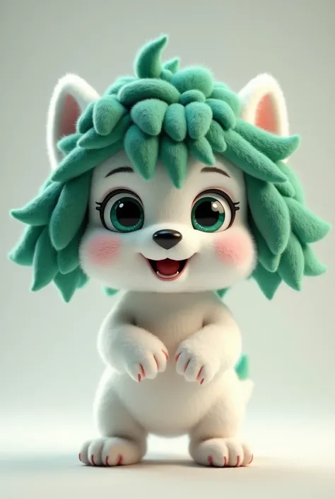  mascot、 white fur and dark green hair、puppy、stand