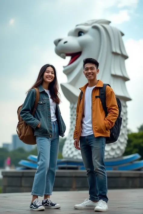 Please make really amazing images with 32k high quality An Indonesian Pria asia tampan dan wanita asia cantik man,round face, short hair, standing smiling near Merlion Park Singapore, wearing a jeans jacket and carrying a backpack, sneakers, looking at the...