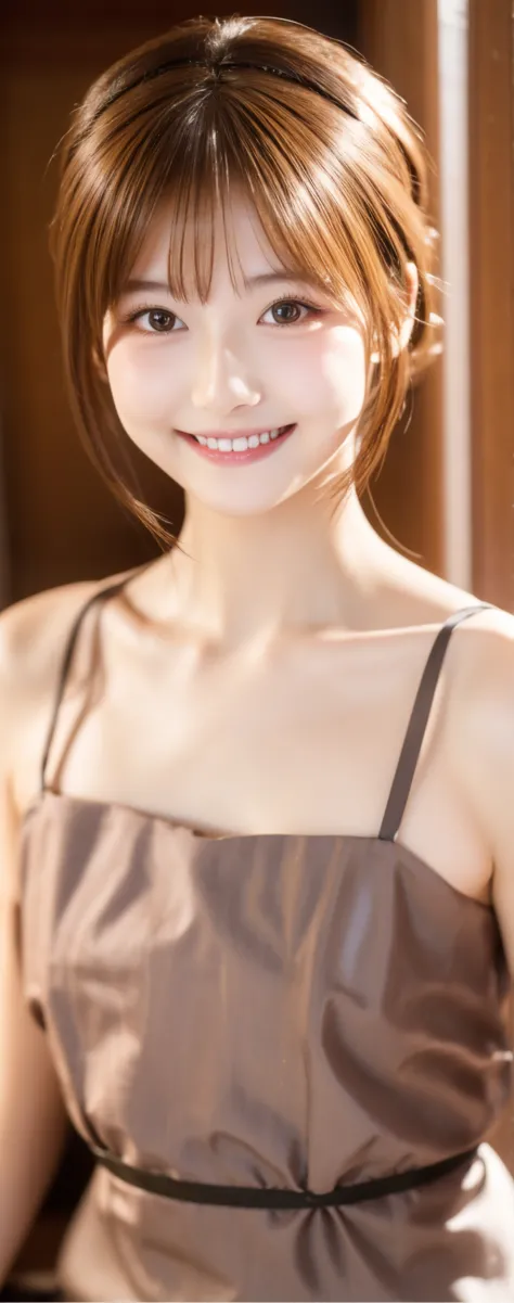 maid,cute pretty girl,masterpiece,high definition,4k,8k,16k,chignon hair,brown hair,skinny,thin body,smile