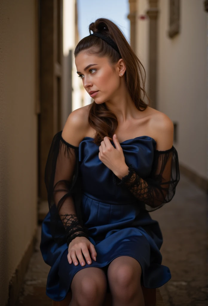 young brunette woman, beautiful eyes. long brown hair with ponytail. hairband, kneelengh dress in dark blue shiny satin with black lace sleeves, Tights, transparent lip gloss, narrow building, Pretty, 2, Full body photo, long legs, Satin top, Sitting in a ...