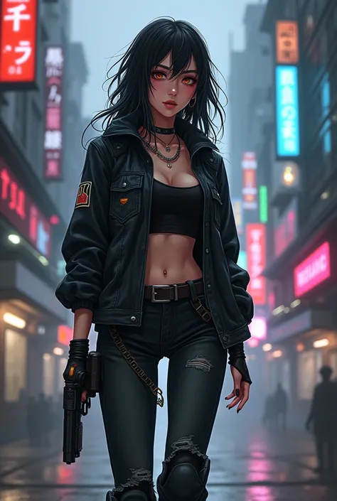 Cyberpunk girl, wearing gun holster, tight black define jacket, baggy low rise jeans, boots with heels, anime style