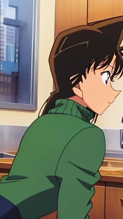 {{{mouri ran}}},{{{Detective Conan}}},{{{long hair}}},{{{official style}}},{{{adult}}},green dress one-piece dress,turtleneck green miniskirt, {light green cropped mini jacket},{light green cropped jacket},green socks,sink,laundry,kitchen,bringing upper bo...