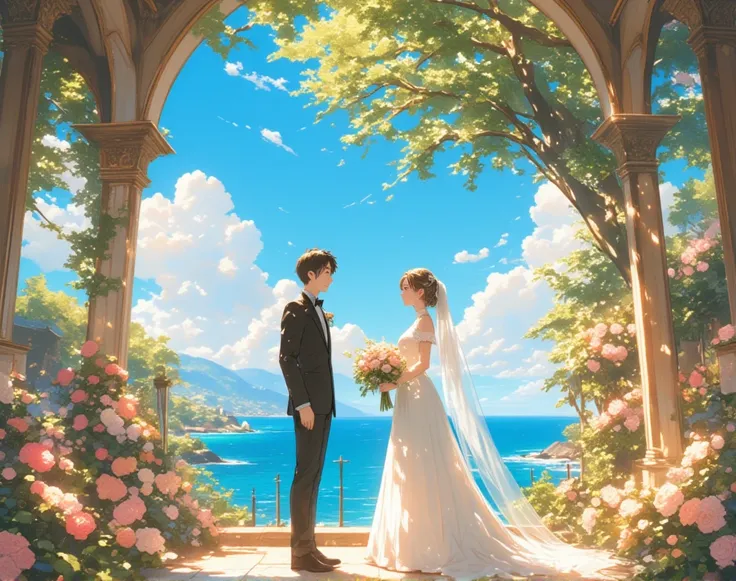 （masterpiece、 High Quality 、High image quality、４Ｋ、８ｋ、 Details）、 Wedding Style、 A man in a tuxedo and a woman in a wedding dress face each other in the church、 Beautiful view of the blue sea and blue sky in the back of the church 、Soft, warm sunshine 、 star...