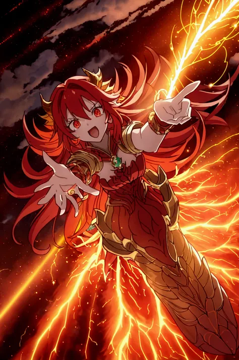 Masterpiece,anime style,woman, red hair, long hair, dragon horns, dragon wings, costume made of dragon scales, floating in the sky, thunder clouds, (open right hand pointing down), (((countless barrage of light energy coming from her open hand)))(Shooting,...