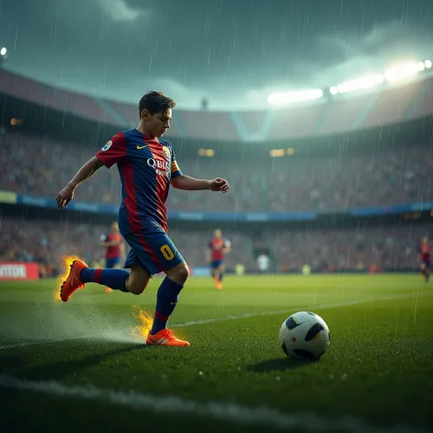 **Prompt:**  
An epic and cinematic scene of a 14-year-old teenage boy resembling a young Lionel Messi, training alone in the iconic Camp Nou stadium under a heavy downpour. The teenager, drenched in rain, is captured mid-action as he executes a powerful a...