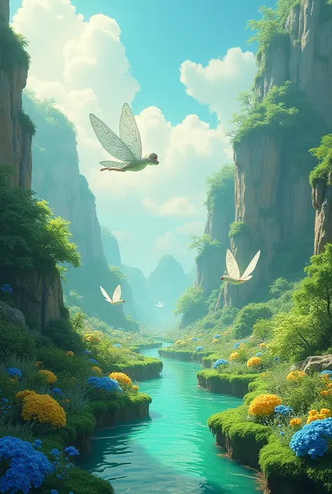  I want an image of a landscape , with the pink sky ,  the blue and yellow plants ,  a green stream and creatures that fly like fairies 