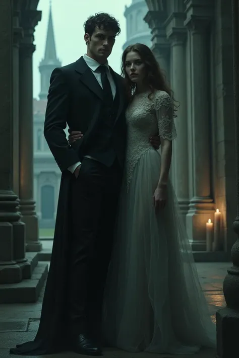 An image of a Gothic couple ,  but the woman is almost disappearing