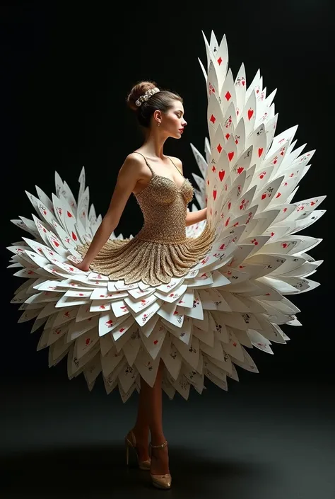 A stunning, surreal image of a dancer wearing an intricate, feathered dress made up of playing cards, creating a mesmerizing and visually striking effect. The dancer is posed gracefully against a dark background, with the cards appearing to flow outward in...