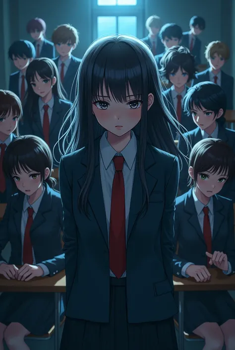 create an image about a highschool students in the classroom and the girl must be at the middle that looking at each other and it should be dark and mystery because they all have dark secrets make it anime style and theres 20 student in the room both male ...