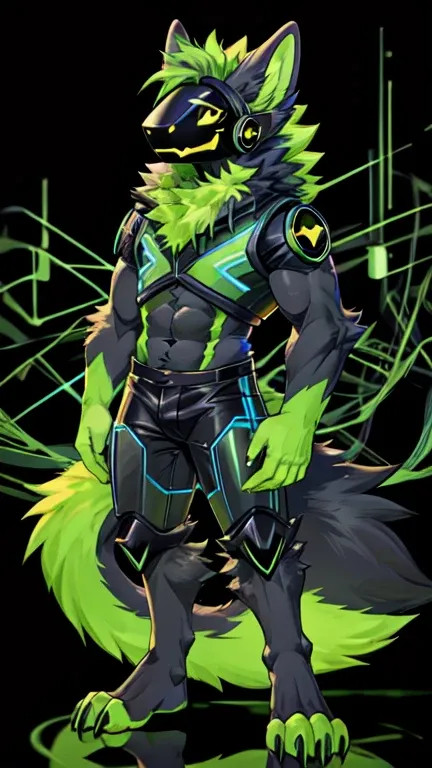 Protogen, (black fur with green highlights) , black and green circuitry in background, happy, male, 8 foot 0, looking at viewer, muscular, naked,