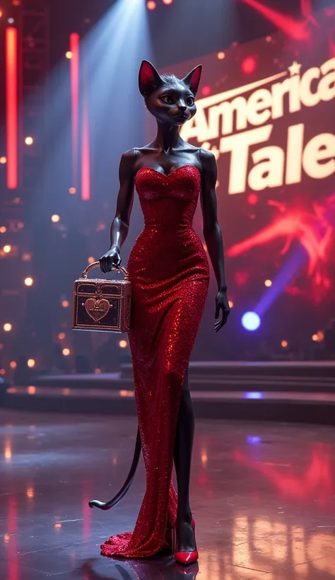 Prompt: "A sleek and elegant anthropomorphic feline assistant standing confidently on a glamorous stage inspired by AmeriCATs Got Talent. She has glossy fur and wears a stunning red sequined dress that accentuates her graceful figure, along with matching r...