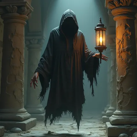  Creature with a frayed black hoodie , holding a medieval lamp ,  floating in an old, dark temple