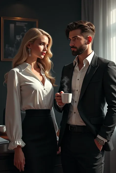 Being dark in an office with a beautiful blonde girl in a white blouse and a black executive skirt and a young man with a white tea with a beard with a white turd