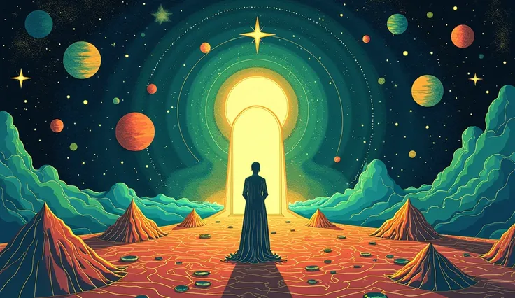 Create a vibrant illustration depicting a mystical landscape where a figure contemplates a mirror revealing an inner self illuminated, Surround the scene with celestial bodies, geometric shapes, and intricate patterns symbolizing unity and the universe. Us...