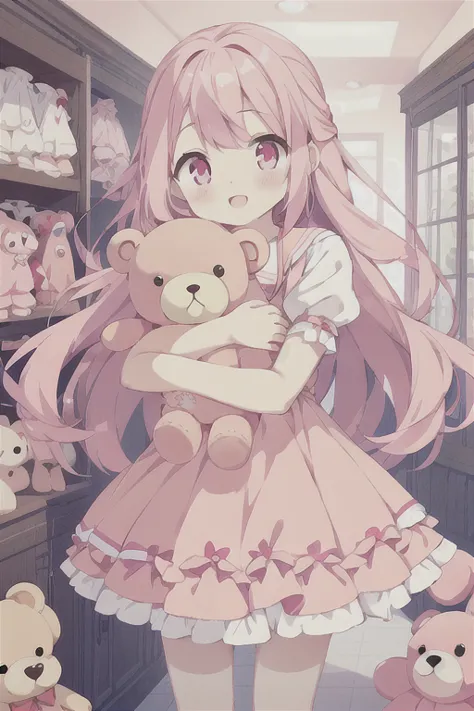 a pink-haired girl with pink eyes is hugging a single doll, a cute horizontal style dress, a pink dress, a pink skirt, a bright ...