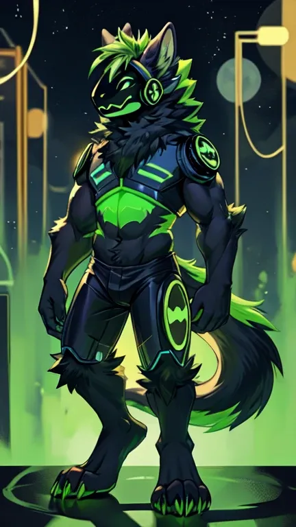 Protogen, (black fur with green highlights) , black and green circuitry in background, happy, male, 8 foot 0, body facing viewer, muscular, naked,