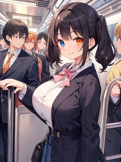 (ultra-detailed, master piece, best quality, high resolution, beautiful hair, beautiful eyes, expressive eyes, perfect face, perfect and correct human anatomy),
Inside a train car crowded with men, morning, crowded rush to school,
A girl with slightly curl...