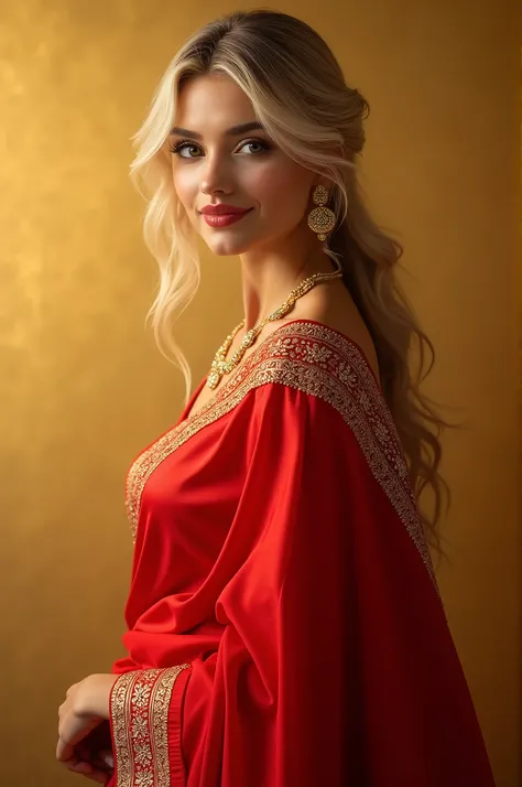 The image is a portrait of a young woman wearing a traditional Indian saree. The saree is red in color with gold embroidery on the border and a matching blouse. The woman has blonde hair styled in loose waves and is wearing a pair of gold earrings. She is ...