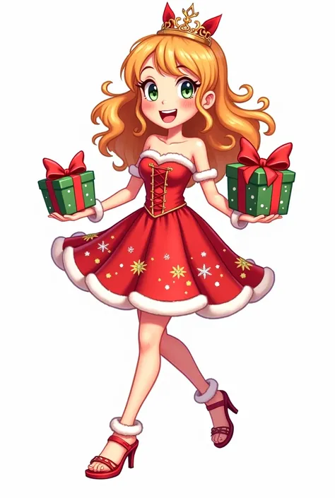   with a happy Christmas dress ,  wearing cute sandal ,Wearing a tiara ,  white background,  and holding presents, Cartoon fun.
