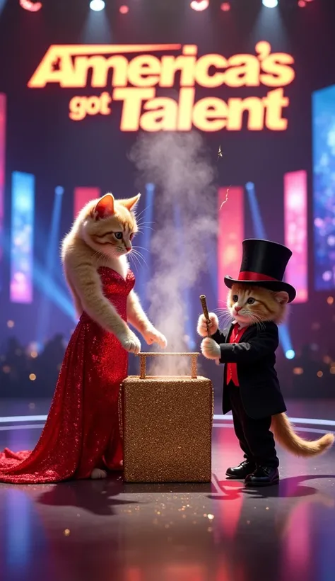 Prompt: "A magical scene featuring a glamorous stage inspired by AmeriCATs Got Talent. In the center of the stage stands an elegant anthropomorphic feline assistant wearing a stunning red sequined dress, entering a tall, glittering magic box. Next to her, ...