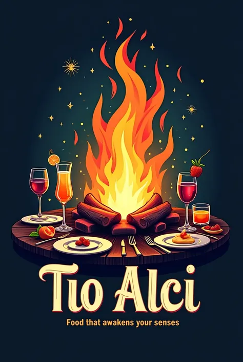 Create a logo for me bar restaurant with an image of a bonfire and drinks and cutlery and that has the letters of TIO ALCI and a slogan that says food that awakens your senses in colores actuales 