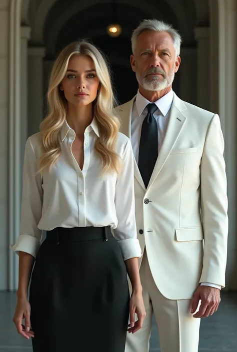 Beautiful blonde girl in white blouse and black skirt executive and young man in white tea with beard wearing white suit while a dark being is behind them