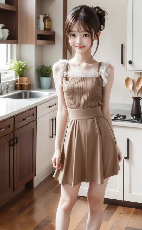 maid,cute pretty girl,masterpiece,high definition,4k,8k,16k,chignon hair,brown hair,skinny,thin body,smile