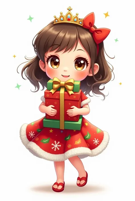 Cute  in Christmas dress,  wearing cute sandal , using tiara,  white background,  and holding presents, Cartoon fun.
