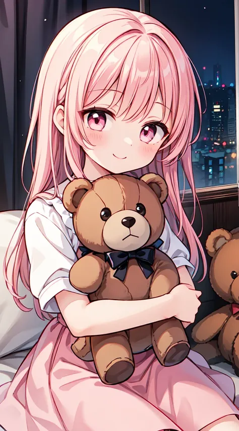 A girl with pink hair and pink eyes hugging a single doll, a cute style outfit, a pink dress and a pink skirt, a bright smile, hugging a light brown teddy bear, long hair

￼

￼