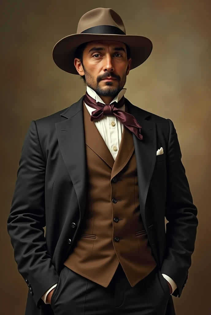 José Antonio :  José Antonio Lavalle is presented in an elegant suit , appropriate for his time and context .  His outfit consists of a classic-cut vest ,  with a wide-brimmed hat that was popular at the time,  and a silk scarf tied around his neck .