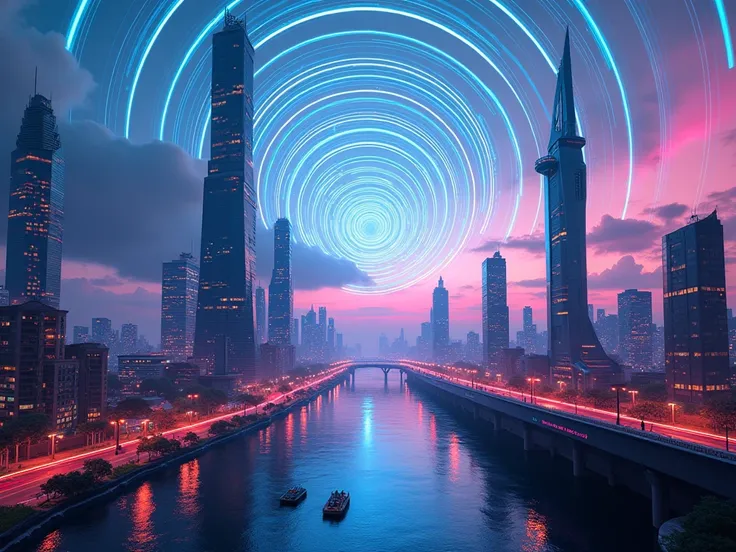  Futuristic city landscape with many sound waves in the sky with neon lights