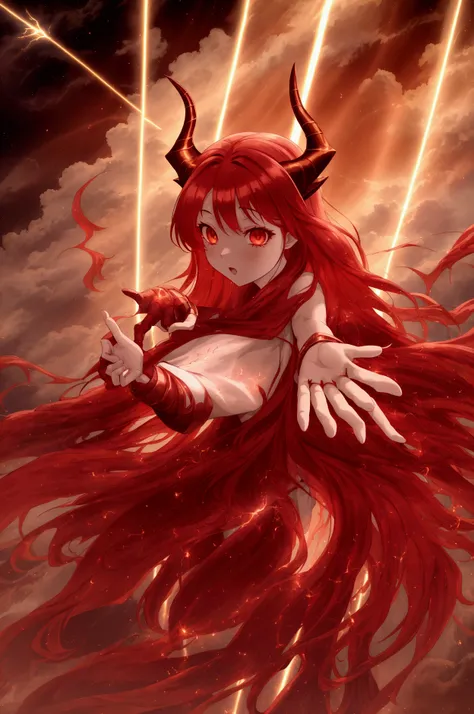 Masterpiece,anime style,woman, red hair, long hair, dragon horns, dragon wings, costume made of dragon scales, floating in the sky, thunder clouds,  (((countless barrage of light energy coming from her open hand)))(Shooting, composition looking down from a...