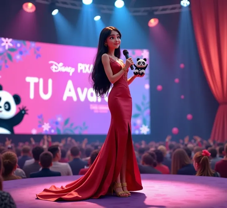 Woman 30 years, long black straight hair, wearing red v strap long taffeta ball gown dress with gold strap high heels sandals. 
Thanking on microphone and Holding award in the form of a white and black panda 🐼 with pink and blue background screen that read...