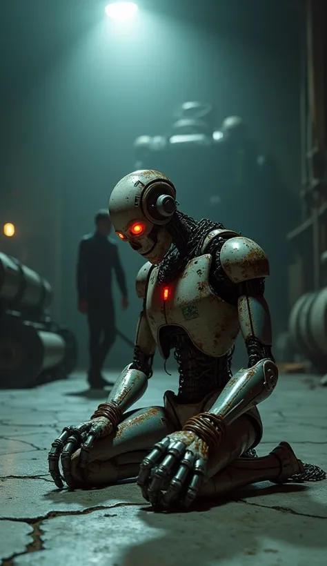 ### **Dark-Themed Robot Slavery Prompt**  
A worn-down, humanoid robot with a heavily rusted body and exposed wires, kneeling on a cold, cracked concrete floor. The robots metallic hands are bound with thick, corroded chains glowing faintly red, symbolizin...