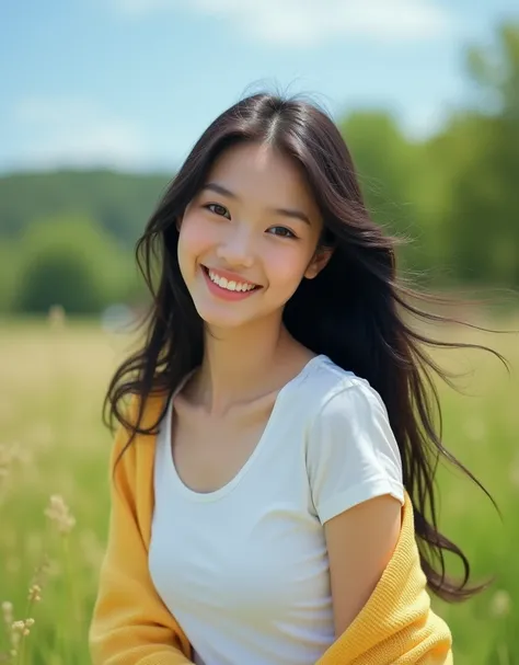 18-year-old white-skinned, baby face, long black hair, Russian model, double eyelids, beautiful teeth alignment, wearing a soft yellow cardigan over a simple white T-shirt, her hair flowing gently in the breeze. She is smiling warmly in a sunlit park with ...