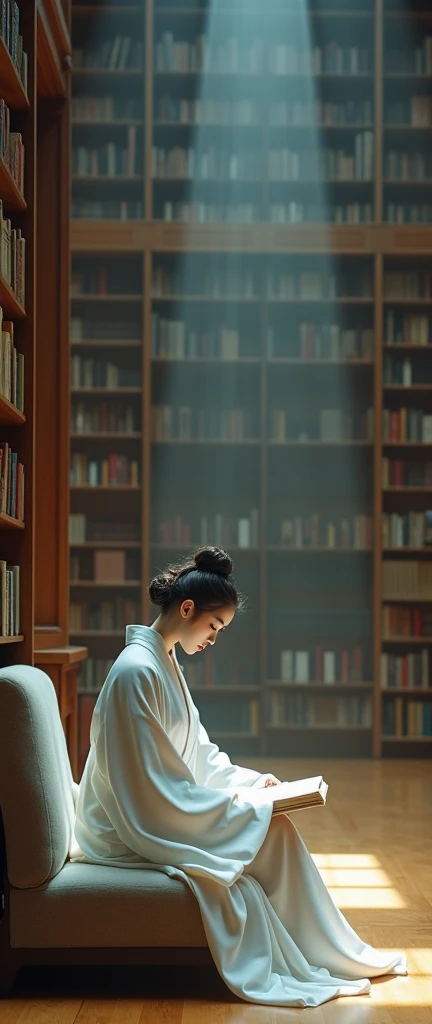 library, studying, a beautiful Japanese lady, sitting on the seat, updo hair style, some sbook shelves, white body, Ultra-high resolution, Highest quality, masterpiece, Surreal, photograph , long range shot,Perfect Anatomy, vivid detailed, detailed、Surreal...